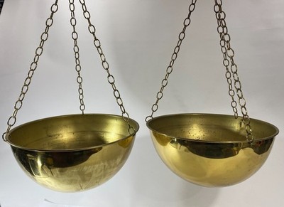 Set of 2 Vintage Brass Hanging Bowl Planters 12in MCM Mid Century Modern Gold...
