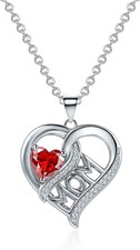 Sliver Heart Birthstone Necklace for Mom, Women Pendant Necklaces, Cubic...