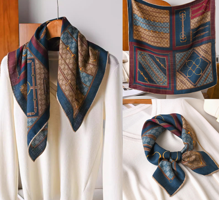 70% Cashmere 30% Silk Bandana 65X65cm Wrap Double Face Blue stripe Print Scarf