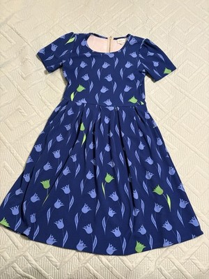 Lularoe Women s Amelia Dress Blue W/ Green Tulip Design Size S Fit & Flare