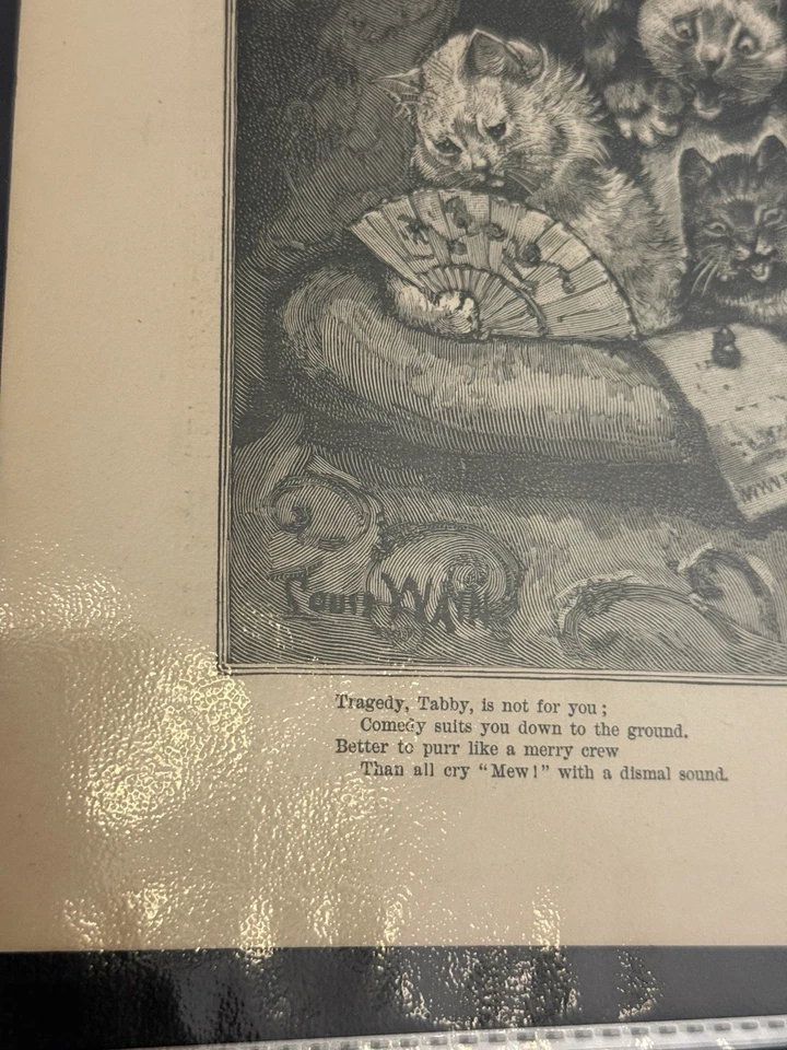 Grabado en madera "Puss At The Play: Tragedy And Comedy" de Louis Wain 1887 Foto 2 de 4