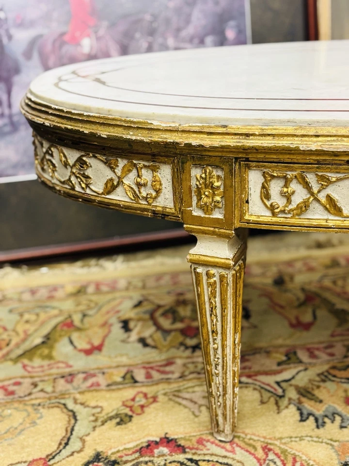 Antique Coffee Table French Louis XVI Gold Gilt Carved Wood Frame w /Marble Top - Image 2 of 4
