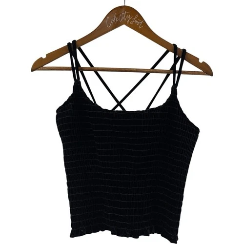 Black Velvet Tank Top Cross Back Shirred Y2K Crop Stretchy Papas Fashion