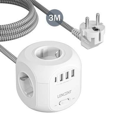 EU Plug Power Strip with 4 AC Outlets 3 USB Port 1 Type C 2M/3M Braided Cable