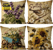 Summer Pillow Covers 18X18 Inch Set of 4 Summer Vintage Decor Sunflower Bird Flo