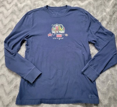 Life Is Good Vintage Mens M Football Dog Tailgate Party Blue Long Sleeve Shirt