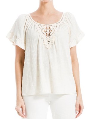 Max Studio Flutter Sleeve Crochet Yoke Knit Top Women's