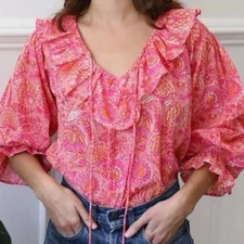 NWT Mille May Top Pink Carnation Floral Blouse Ruffle Hawaiian Bohemian small