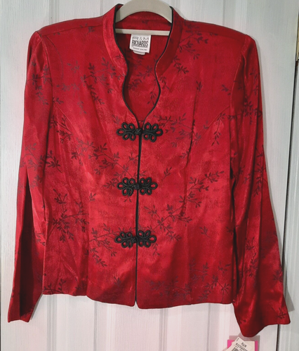 Women Satin Asian Jacket Short Coat 12P Runs Small Red Vintage NWT R&M Richards