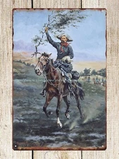 retro reproduction horse riding frederic remington tin sign hunter