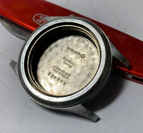UNGEWÖHNLICH 1943 Schmitz Swiss Made 32,4 mm 10 1⁄2L versteckte Krone Etui klappbare Lünette! - Bild 4 von 10
