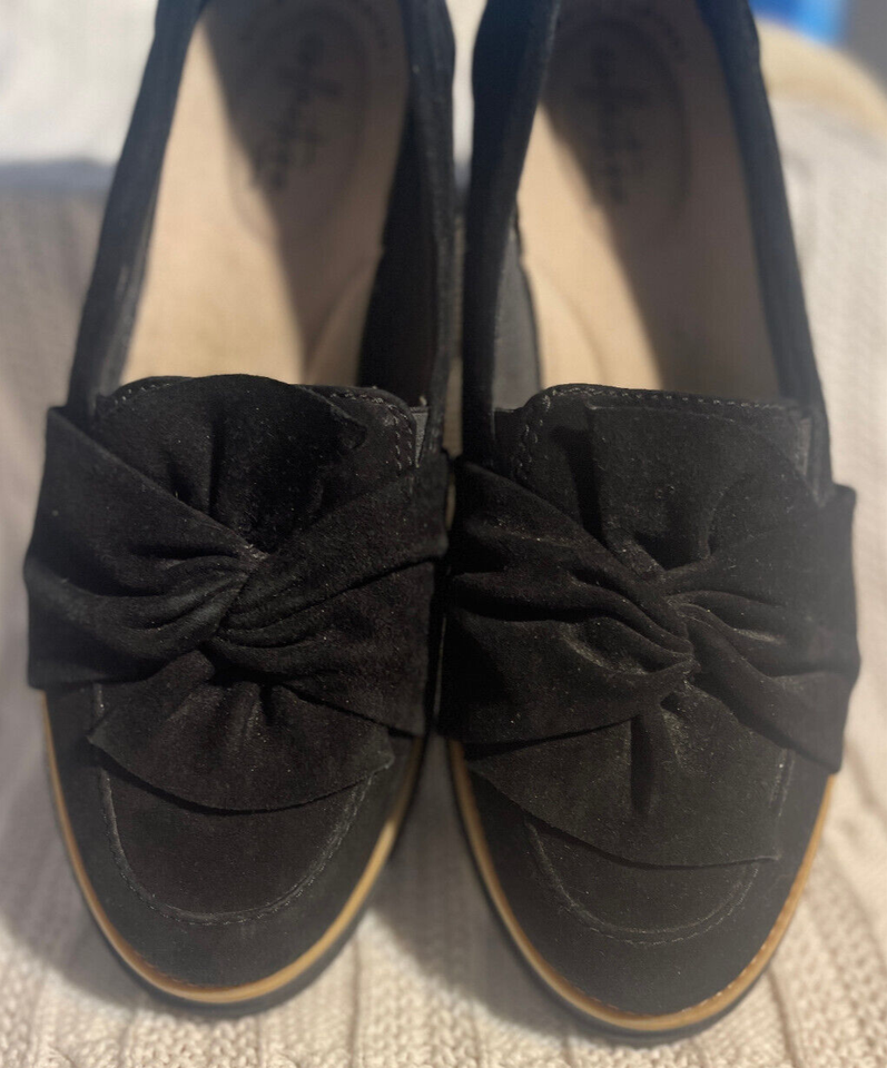 CLARKS Airabell Womens Black Suede SlipOn Wedge Loafers Comfort Shoe