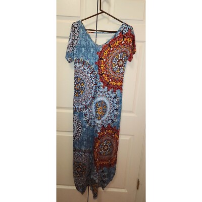 New Grecerelle Blue mandala Print Boho Maxi Dress Pockets Loose