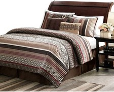 NEW COZY CHIC BROWN RED BURGUNDY GREY TAUPE LOG CABIN LODGE STRIPE QUILT SET