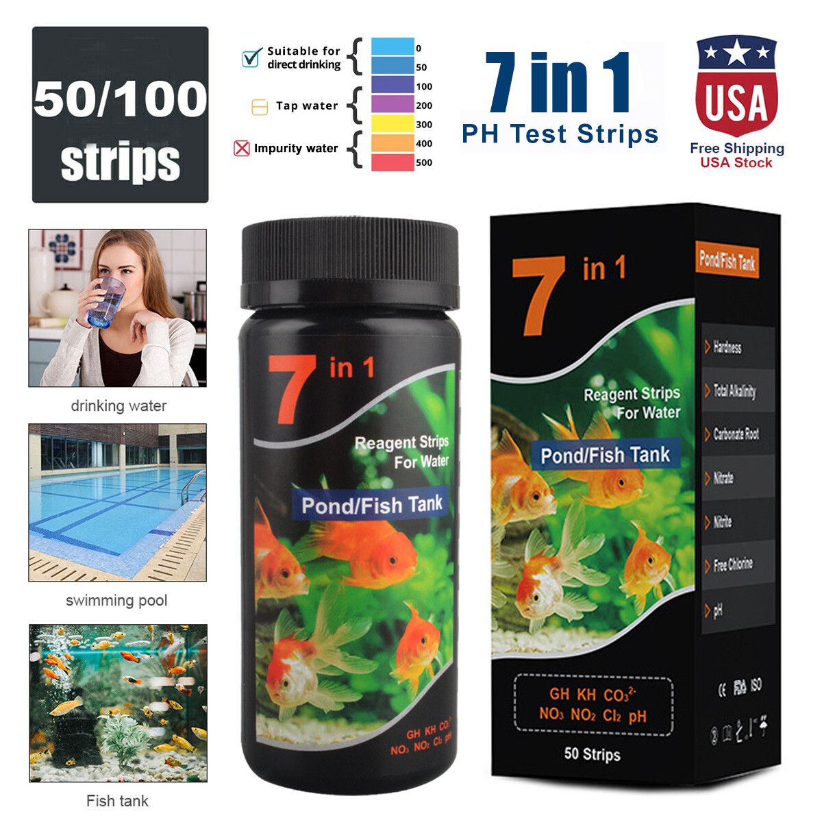 100/200x Aquarium Test Strips Fish Tank-7IN1 PH Water Test Strips Kit Freshwater
