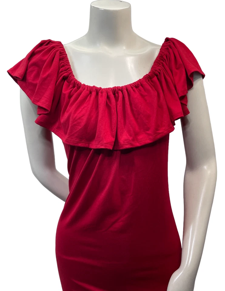 24 Seven Maxi 连衣裙女式大码 2X 红色露肩荷叶边帽 Sleev 全新无标签 — 第 2/4 张图片