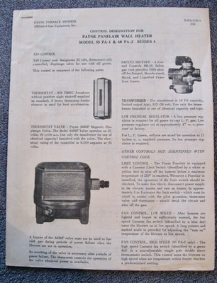 Vintage Payne Panelair Wall Heater PAPER Manual Control Designation