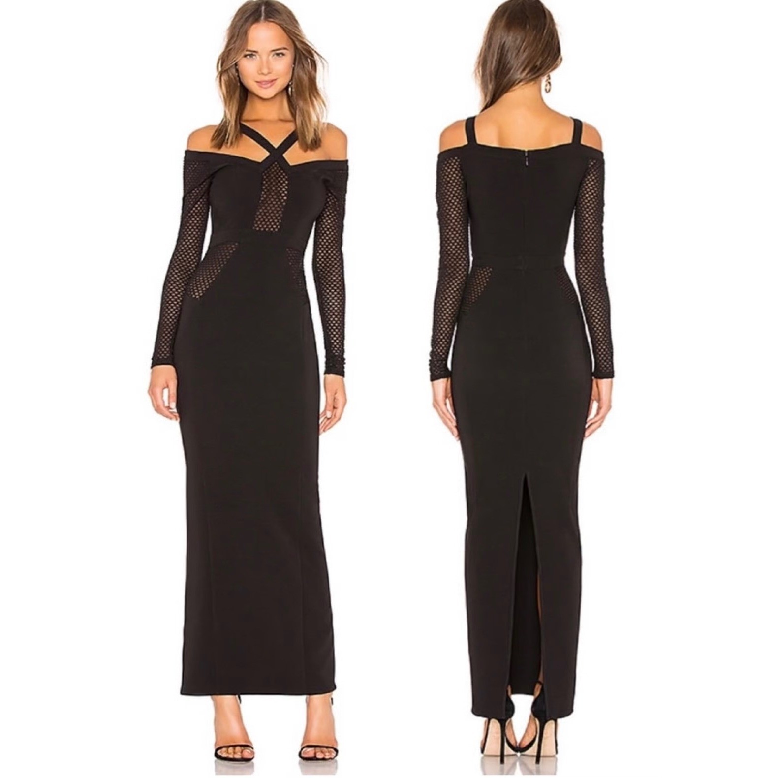 Michael Costello x Revolve Elisha Black Mesh Long Sleeve Gown Dress Size XS