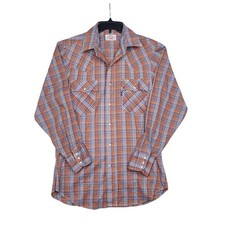 Vintage 70s Levis BIG E Pearl Snap Shirt Plaid Western Cowboy Mens Large - EUC