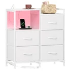Somdot White Nightstand with Charging Station and LED Light, Wide 5 Drawers D...