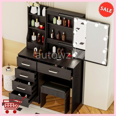 LED Makeup Vanity Desk Vanity Table with Sliding Mirror And 6 Drawers & Shelves