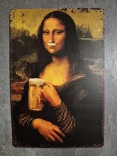 Blechschild Mona Lisa mit Schaumbart Bier Trinken Schild Bar Deko Kneipe Fun