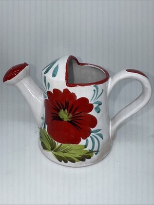 Vtg Italian Watering Can Teal White Red Flower Garden Ceramic Pot Pail w Handle 