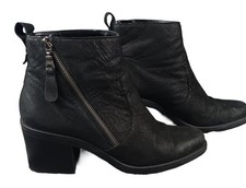 Crown Vintage Astalema Black Leather Ankle Boots Block Heel Side Zip US 9