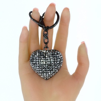 Heart 3D Shaped Keychain Crystal Black Bling Rhinestone Charm Key Chain
