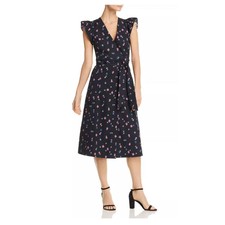 Rebecca Taylor Farren Blue Flower Print Wrap Ruffle Cap Sleeves Midi Dress Sz 4