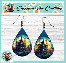 Earrings Teardrop Silver Hook Backs Spooky Haunted House Happy Halloween MDF