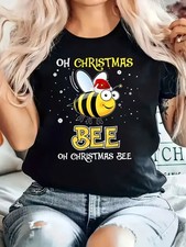 Women's Funny Christmas Bee T-Shirt - Black with OH CHRISTMAS BEE Saying - Cute