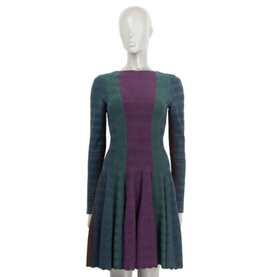 66305 auth ALAIA petrol purple wool blend COLOR BLOCK FLARED Dress 38 S