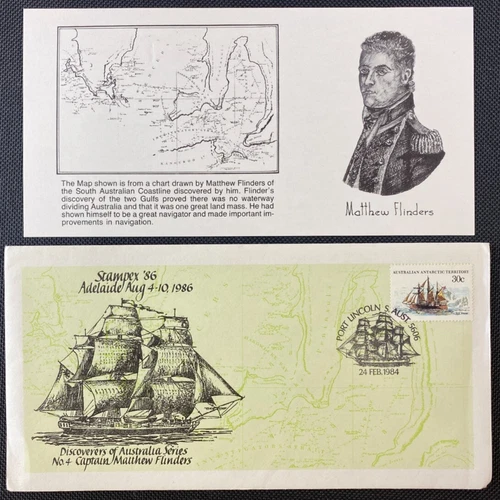 1984 Stampex 86 Discoverers South Australia Cover Capt Matthew Flinders + Insert