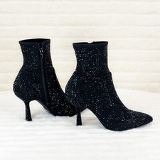 Stunning Black Stretch Rhinestone Ankle Boots 3.5" Heels New