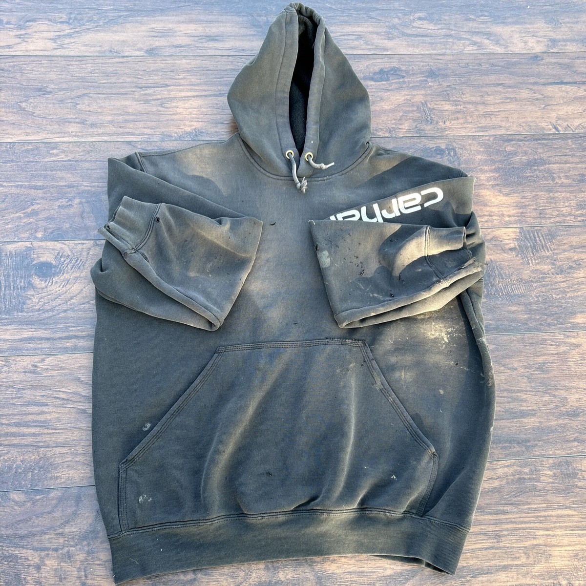 Carhartt Hoodie Trashed Large Faded Black Sweatshirt Weld Holes 