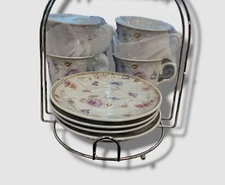 $50 LORREN HOME TRENDS White Floral 8 Piece 2oz Espresso Cup and Saucer Set