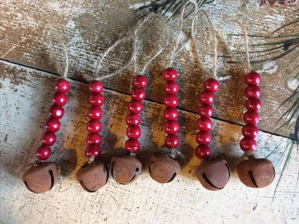 Set/6 Handmade Cranberry Farmhouse Wooden Bead 6" Ornaments Rusty Jingle Bells - Image 2 of 4