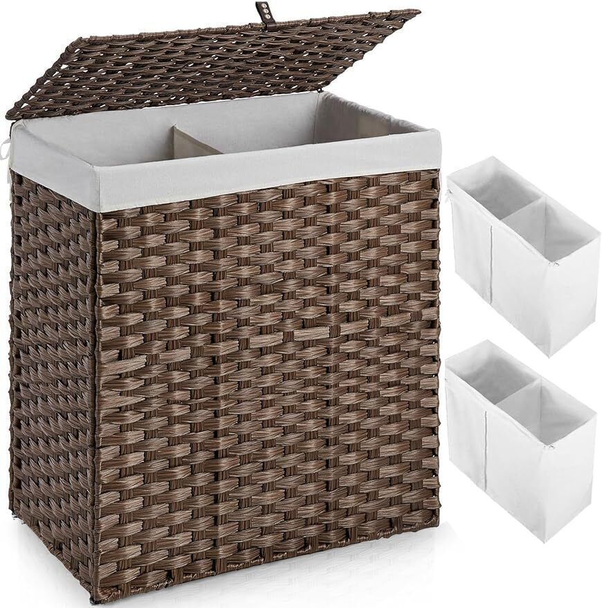 110L Foldable Wicker Laundry Hamper with Lid and 2 Removable Liner Bags-image