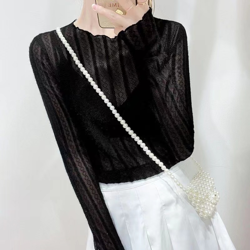 Womens Ruffles Sheer Slim Fit T-Shirt Fashion Lace Hollow Out Shirt Tops Blouse - Picture 4 of 9