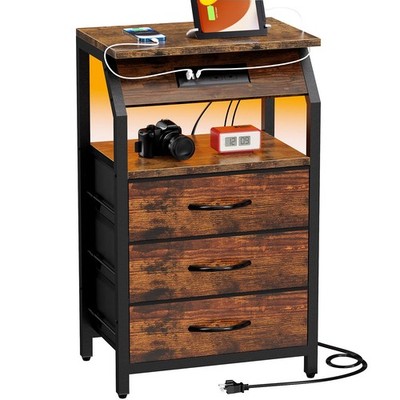 End Table with Charging Station, Nightstand with LED Lights and 3 Drawers, Sm...