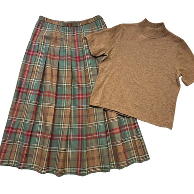 Pendleton Womens Plaid Wool Pleated Midi Skirt 14 + Merino Mock Top L Set VTG