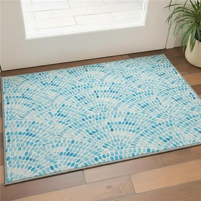 HomeRoots 645841 3 x 5 ft. Aqua & Ivory Geometric Coastal Washable Machine Ma...