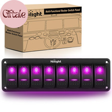 8 Gang Rocker Switch Panel with Purple LED Light 5 Pin on off Pre-Wired Aluminum
