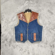 Vintage Denim Sherpa Vest Western Style Brown Leather Trim Wool Lined Cowboy