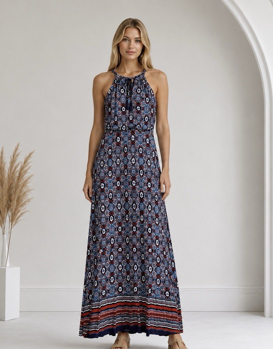 Antibes Blanc Womens Floral Tie Neck Maxi Dress Size Large Summer Beachy Resort