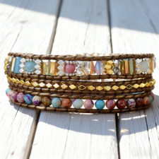 Natural Jasper Beaded Bracelet Leather Braided Wrap Healing Handmade Jewelry