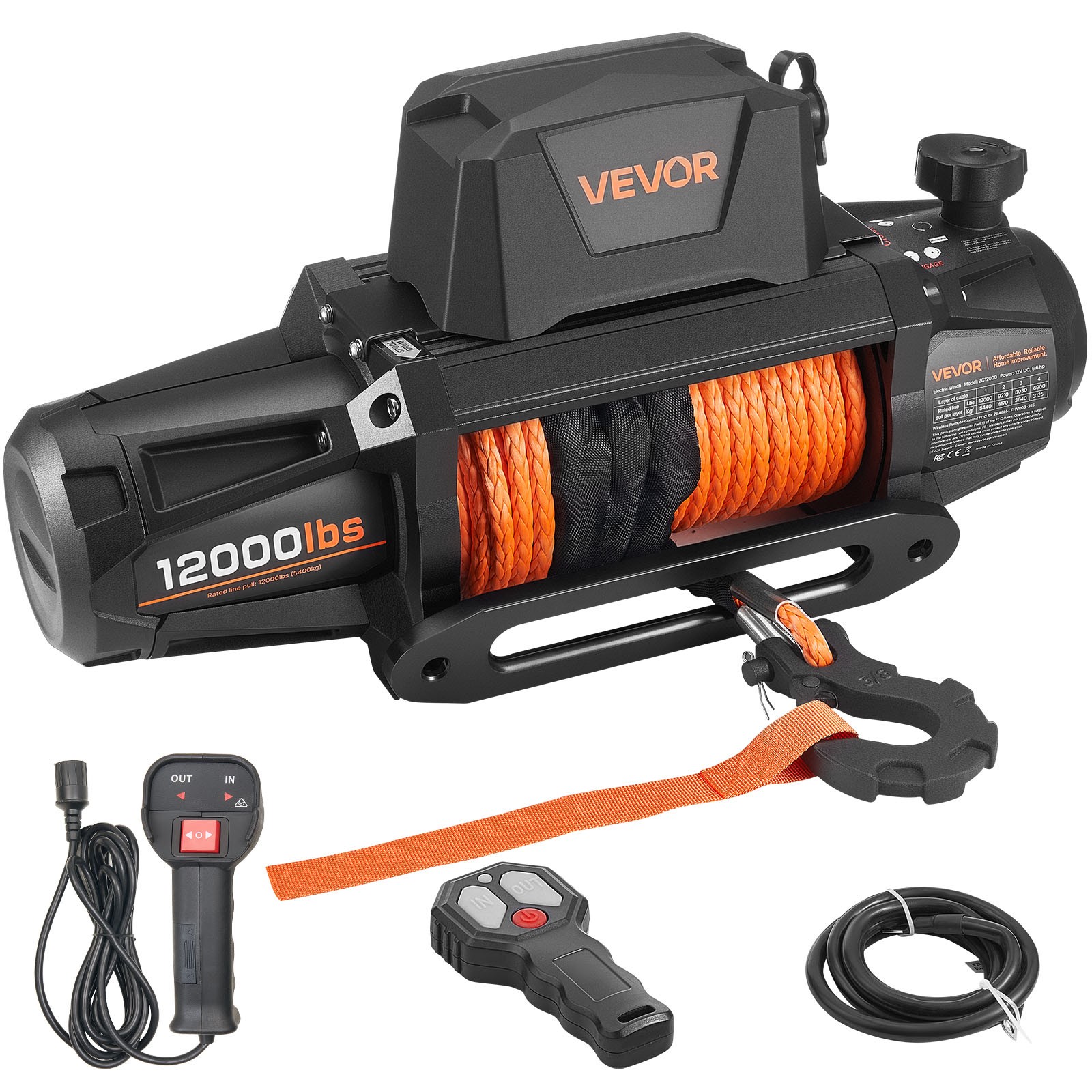 Treuil électrique 12000lbs en acier robuste VEVOR, moteur 12V haute performance