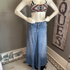 VINTAGE Hydraulic 90s Y2K 2000s Denim Maxi Skirt Wash Modest Boho Sz 6 Fringe