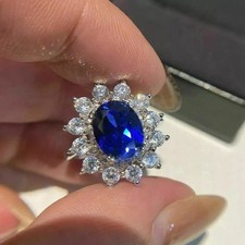 Fede nuziale in oro bianco massiccio 14 carati con diamanti zaffiro blu tagli...